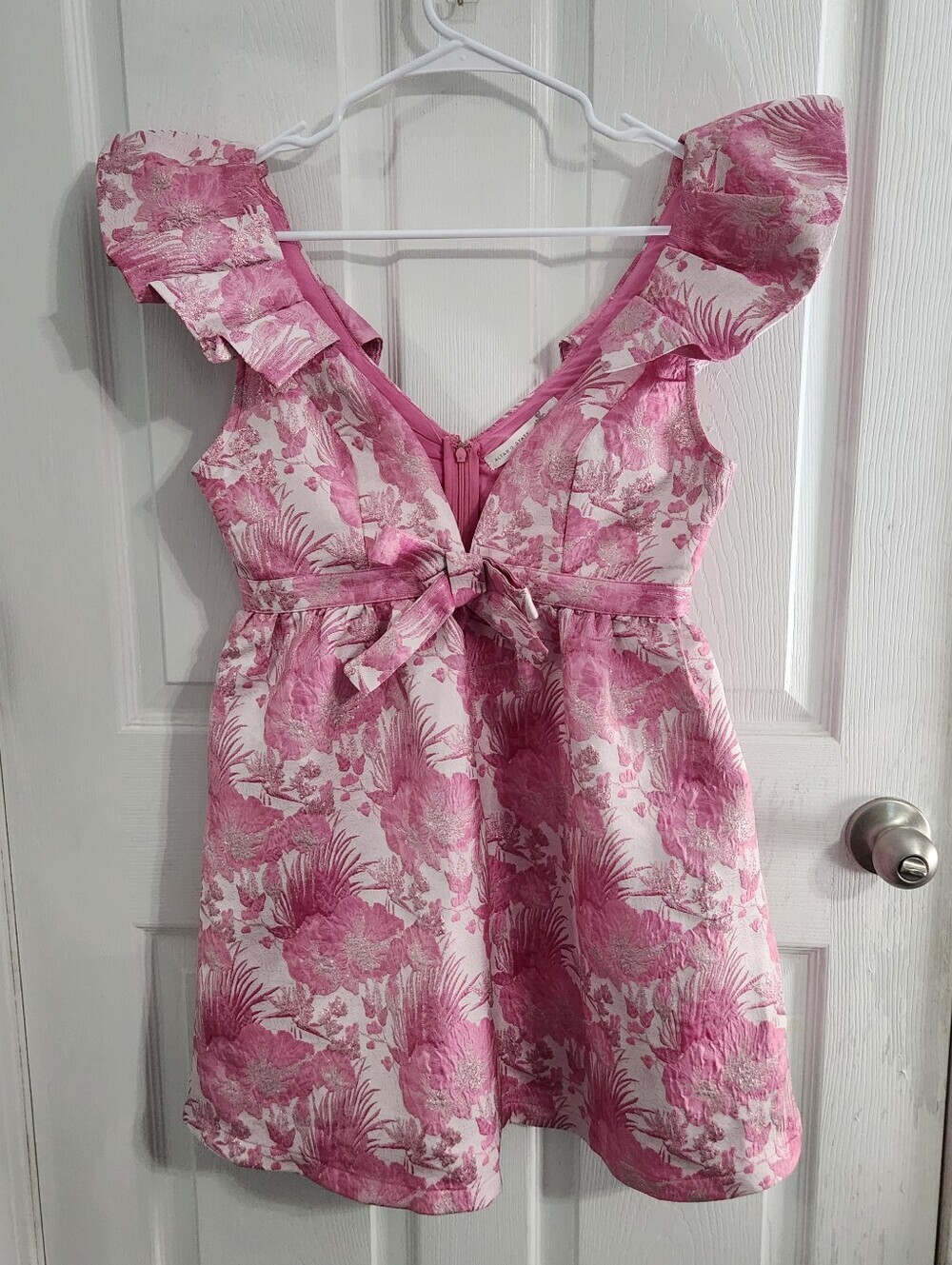 Altar'd state pink floral jacquard mini dress medium feminine glam bow ruffle - Picture 2 of 16